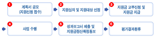 1.계획서 공모(지원신청 접수), 2.지원심의 및 지원대상 선정, 3.지원금 교부신청 및 지원금 지급, 4.사업수행, 5.성과보고서 제출 및 지원금정산확정통보, 6.평가결과환류