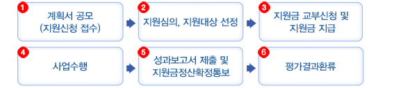 1.계획서 공모(지원신청 접수), 2.지원심의 및 지원대상 선정, 3.지원금 교부신청 및 지원금 지급, 4.사업수행, 5.성과보고서 제출 및 지원금정산확정통보,6.평가결과환류