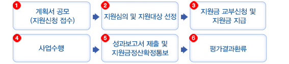 1.계획서 공모(지원신청 접수), 2.지원심의 및 지원대상 선정, 3.지원금 교부신청 및 지원금 지급, 4.사업수행, 5.성과보고서 제출 및 지원금정산확정통보, 6.평가결과환류 