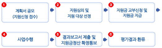 계획서 공모(지원신청 접수).지원심의 및 지원 대상 선정, 지원금 교부신청 및 지원금 지급, 사업수행, 결과보고서 제출 및 지원금정산 확정통보, 평가결과 환류