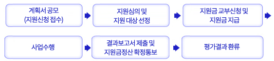 계획서 공모(지원신청 접수), 지원심의 및 지원 대상 선정, 지원금 교부신청 및 지원금 지급, 사업수행, 결과보고서 제출 및 지원금정산 확정통보, 평가결과 환류