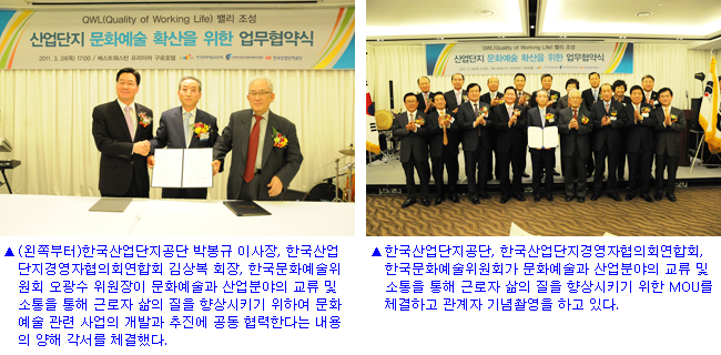 (왼쪽부터)한국산업단지공단 박봉규 이사장, 한국산업단지경영자협의회연합회 김상복 회장, 한국문화예술위원회 오광수 위원장이 문화예술과 산업분야의 교류 및 소통을 통해 근로자 삶의 질을 향상시키기 위하여 문화예술 관련 사업의 개발과 추진에 공동 협력한다는 내용의 양해 각서를 체결했다. / 한국산업단지공단, 한국산업단지경영자협의회연합회, 한국문화예술위원회가 문화예술과 산업분야의 교류 및 소통을 통해 근로자 삶의 질을 향상시키기 위한 MOU를 체결하고 관계자 기념촬영을 하고 있다.