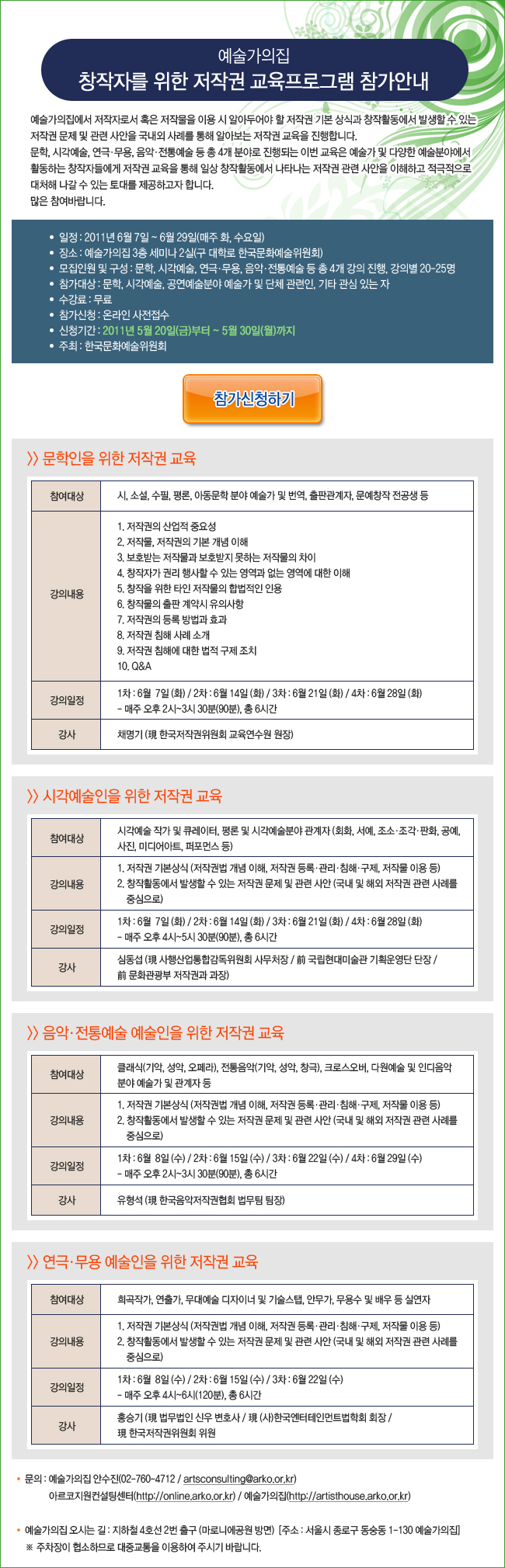 예술가의 집 창작가를 위한 저작권 교육프로그램 참가안내