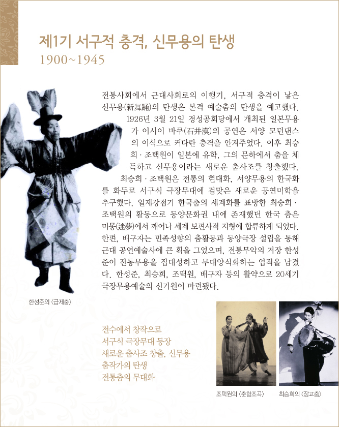 제1기 서구적 충격, 신무용의 탄생, 1900~1945,
전통사회에서 근대사회로의 이행기, 서구적 충격이 낳은 신무용(新舞踊)의 탄생은 본격 예술춤의 탄생을 예고했다. 1926년 3월 21일 경성공회당에서 개최된 일본무용가 이시이 바쿠(石井漠)의 공연은 서양 모던댄스의 이식으로 커다란 충격을 안겨주었다. 이후 최승희·조택원이 일본에 유학, 그의 문하에서 춤을 체득하고 신무용이라는 새로운 춤사조를 창출했다. 최승희·조택원은 전통의 현대화, 서양무용의 한국화를 화두로 서구식 극장무대에 걸맞은 새로운 공연미학을 추구했다. 일제강점기 한국춤의 세계화를 표방한 최승희·조택원의 활동으로 동양문화권 내에 존재했던 한국 춤은 미몽(迷夢)에서 깨어나 세계 보편사적 지형에 합류하게 되었다. 한편, 배구자는 민족성향의 춤활동과 동양극장 설립을 통해 근대 공연예술사에 큰 획을 그었으며, 전통무악의 거장 한성준이 전통무용을 집대성하고 무대양식화하는 업적을 남겼다. 한성준, 최승희, 조택원, 배구자 등의 활약으로 20세기 극장무용예술의 신기원이 마련됐다.