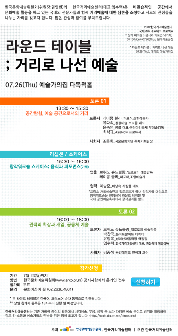 한국문화예술위원회(위원장: 권영빈)와 한국거리예술센터(대표:임수택)은 비관습적인 공간에서 문화예술 활동을 하고 있는 국내외 전문가들과 함께 거리예술에 대한 담론을 조성하고 서로의 관점들을 나누는 자리를 갖고자 합니다. 많은 관심과 참여를 부탁드립니다.2012한국거리예술센터 국제교류 네트워크 프로젝트 * 창작 워크숍 : 음식과 퍼포먼스(가제) 07.16(Mon)-07.26(Thu), 문래예술공장 * 라운드 테이블 : 거리로 나선 예술 07.26(Thu), 대학로 예술가의 집 라운드 테이블 ; 거리로 나선 예술 07.26(Thu) 예술가의집 다목적 홀 참가신청 기간  7월23(월)까지 방법  한국문화예술위원회(www.arko.or.kr)공지사항에서 온라인 접수(신청하기)참가비 무료 문의:문화이끔이 꼴(02.2636.4861)* 본 라운드 테이블은 한국어, 프랑스어 순차 통역으로 진행됩니다. ** 당일 참가자 등록은 13시부터 진행 될 예정입니다. 한국거리예술센터는 기존 거리극 중심의 활동에서 시간예술, 무용, 음악 등 보다 다양한 예술 분야로 범위를 확장하여 장르 간 소통과 예술가들의 만남을 위한 장이 되고자 합니다. (http://cafe.daum.net/streetarts)