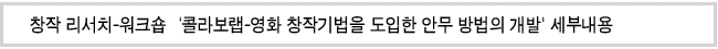 창작 리서치-워크숍‘콜라보랩-영화 창작기법을 도입한 안무 방법의 개발' 세부내용