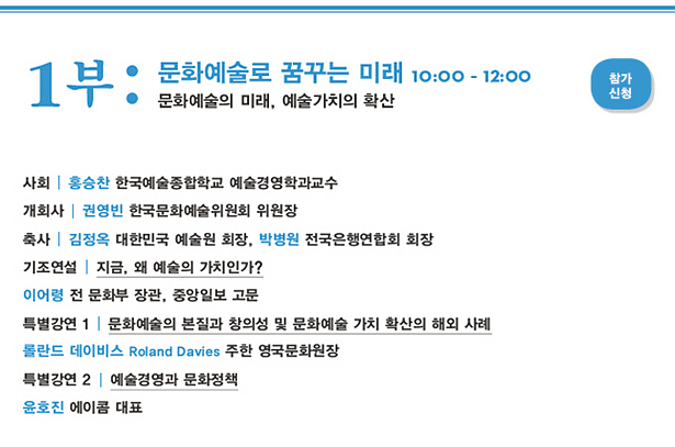 1부_문화예술로 꿈꾸는 미래 10:00-12:00, 문화예술의 미래,예술가치의 확산, 사회:홍승찬 한국예술종합학교 예술경영학과교수, 개회사:권영빈 한국문화예술위원회 위원장, 축사:김정옥 대한민국 예술원 회장,박병원 전국은행연합회 회장, 기조연설:지금, 왜 예술의 가치인가? 이어령 전 문화부 장관,중앙일보 고문,특별강연 1:문화예술의 본질과 창의성 및 문화예술 가치 확산의 해외 사례,롤란드 데이비스 (Roland Davies) 주한 영국문화원장,특별강연 2:예술경영과 문화정책, 윤호진 에이콤 대표