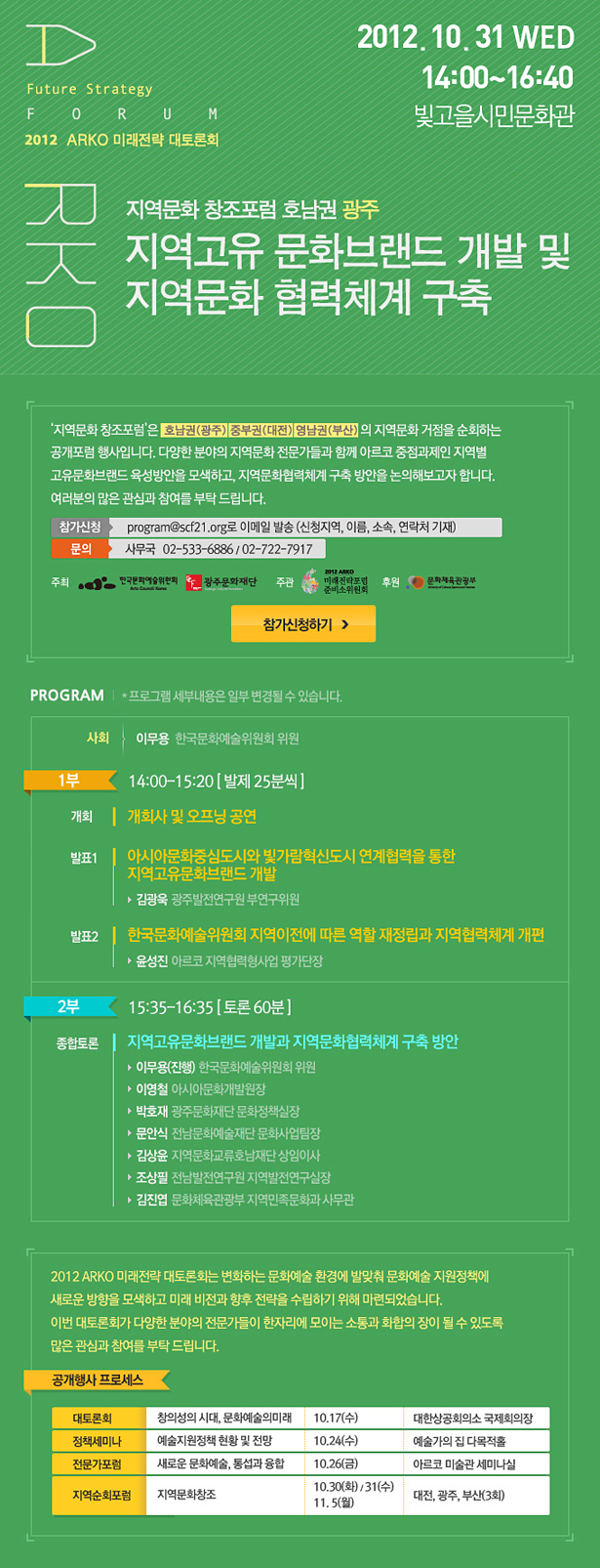 2012 ARKO 미래전략대토론회-지역문화 창조포럼 호남권 광주, 지역고유 문화브랜드 개발 및 지역문화 협력체계 구축, 2012년10월31일(수) 14:00~16:40, 빛고을시민문화관, 신청방법: 이메일 접수 program@scf21.org (참가 지역, 이름, 소속, 연락처 기재), 문의:사무국 T.02-722-7915, * 행사 프로그램 및 세부내용은 추후 변경될 수 있습니다. 1부_14:00~15:20(발제 25분씩), 사회:이무용(한국문화예술위원회 위원), 개회:개회사 및 오프닝 공연, 발표1:아시아문화중심도시와 빛가람혁신도시 연계협력을 통한 지역고유문화브랜드 개발, 김광욱(광주발전연구원 부연구위원), 발표2:한국문화예술위원회 지역이전에 따른 역할 재정립과 지역협력체계 개편, 윤성진(아르코 지역협력형사업 평가단장), 2부_15:35~16:35(토론 60분), 종합토론:지역고유문화브랜드 개발과 지역문화협력체계 구축 방안, 이무용(진행)(한국문화예술위원회 위원), 이영철(아시아문화개발원장), 박호재(광주문화재단 문화정책실장), 문안식(전남문화예술재단 문화사업팀장), 김상윤(지역문화교류호남재단 상임이사), 조상필(전남발전연구원 지역발전연구실장), 김진엽(문화체육관광부 지역민족문화과 사무관), 2012 ARKO 미래전략 대토론회는 변화하는 문화예술 환경에 발맞춰 문화예술 지원정책에 새로운 방향을 모색하고 미래 비전과 향후 전략을 수립하기 위해 마련되었습니다. 이번 대토론회가 다양한 분야의 전문가들이 한자리에 모이는 소통과 화합의 장이 될 수 있도록 많은 관심과 참여를 부탁 드립니다.