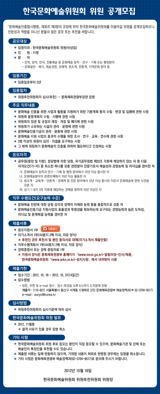 한국문화예술위원회 위원 공개모집 1. 공모대상 ㅇ 임명직위 : 한국문화예술위원회 위원(비상임) ㅇ 인원 : 11명 ㅇ 분야 - 문학, 음악, 연극, 전통예술 등 문화예술 창작ㆍ연구ㆍ기획 또는 행정분야 - 문화일반ㆍ복지, 예술경영, 경제계, 법조계, 언론계, 지역문화 분야 등  2. 임용기간 : 임용일로부터 2년 ㅇ 접수기간 : 2012. 10. 18 ~ 2012. 10. 31(14일간)