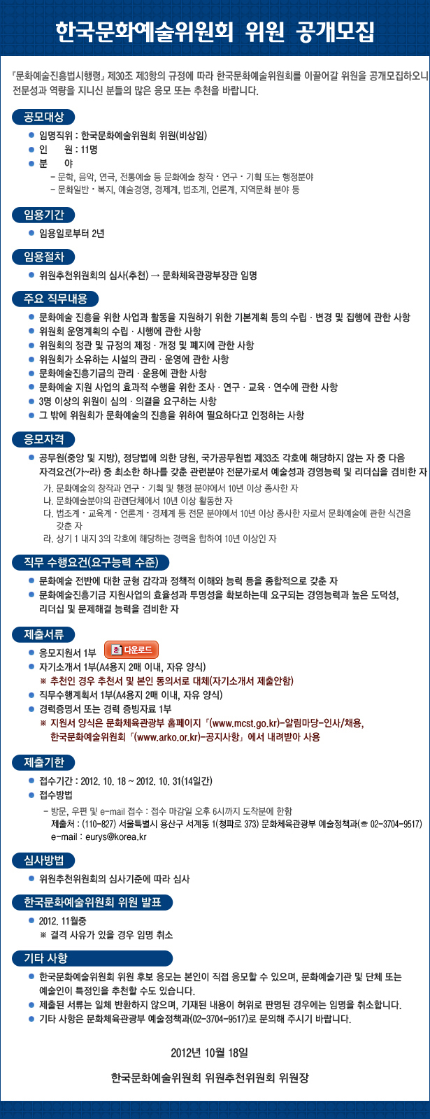 한국문화예술위원회 위원 공개모집 1. 공모대상 ㅇ 임명직위 : 한국문화예술위원회 위원(비상임) ㅇ 인원 : 11명 ㅇ 분야 - 문학, 음악, 연극, 전통예술 등 문화예술 창작ㆍ연구ㆍ기획 또는 행정분야 - 문화일반ㆍ복지, 예술경영, 경제계, 법조계, 언론계, 지역문화 분야 등  2. 임용기간 : 임용일로부터 2년 ㅇ 접수기간 : 2012. 10. 18 ~ 2012. 10. 31(14일간)