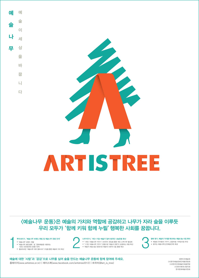 예술나무 운동 포스터_예술나무_예술이 세상을 바꿉니다. [예술나무 운동] 은 예술의 가치와 역할에 공감하고 나무가 자라 숲을 이루듯 우리 모두가 ‘함께 키워 함께 누릴’ 행복한 사회를 꿈꿉니다. 하나, 뿌리내리기_‘예술나무 브랜드 확립 및 예술나무 운동 전개'_1‘예술나무’브랜드 개발 및 확립,2.‘예술나무 포럼 발족’ 및 ‘문화예술을 사랑하는 1천인 선언(범국민 운동)’ 전개, 3. 홍보대사단 ‘예술나무 아트 앰버서더’ 구성을 통한 예술의 가치 확산, 둘, 나무키우기_‘개인-기업-예술가’참여 범국민 나눔운동 확산, 4.‘1인 1예술나무 키우기’ 크라우드 펀딩을 통한 개인 소액기부 활성화, 5.‘1기업 1예술나무 키우기’ 운동으로 ‘예술과 경영’이 상생하는 모델 확산, 6.‘예술가 재능나눔’ 운영으로 예술의 사회적 나눔 활동 확산, 셋, 열매 맺기_예술의 가치를 확산하는 예술나눔 사업 확대, 7.‘예술로 우리동네 가꾸기’, 공공미술 기부금 사업 추진, 8.‘꿈꾸는 예술나무’(신진예술인력) 육성. 예술에 대한 ‘사랑’과 ‘공감’으로 나무를 심어 숲을 만드는 예술나무 운동에 함께 참여해 주세요. 홈페이지(www.artistree.or.kr), 페이스북(www.facebook.com/artistree2012), 트위터(@art_is_tree), 대한민국예술원, (사)한국예술문화단체총연합회, (사)한국민족예술단체총연합, (사)한국메세나협의회, 한국문화예술위원회