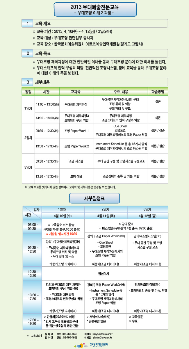 2013 무대예술전문교육-무대조명 이해 2 과정, 교육기간:2013.4.10(수)~4.12(금) / 3일(24H), 교육대상:무대조명 관련업무 종사자, 교육장소:한국문화예술위원회 아르코예술인력개발원(경기도 고양시), 세부내용:1일차_11:00~13:00(2h)-무대공연 제작과정,14:00~18:00(4h)-무대조명 제작과정과 조명팀의 구성, 역할,2일차_09:30~12:30(3h)-조명 Paper Work 1,13:30~17:30(4h)-조명 Paper Work 2,3일차_09:30~12:30(3h)-조명 시스템,13:30~17:30(4h)-조명 장비,교육담당:유녹경 02-7604-650 nkyoo@arko.or.kr,김수현 02-7604-658 shkim@arko.or.kr