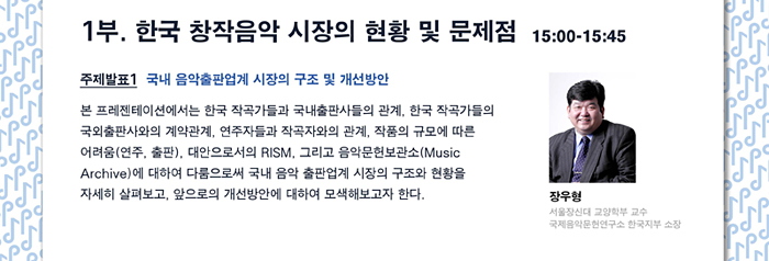 1부. 한국 창작음악 시장의 현황 및 문제점 15:00-15:45, 주제발표 1. 국내 음악출판업계 시장의 구조 및 개선방안, 본 프레젠테이션에서는 한국 작곡가들과 국내출판사들의 관계, 한국 작곡가들의 국외출판사와의 계약관계, 연주자들과 작곡자와의 관계, 작품의 규모에 따른 어려움(연주, 출판), 대안으로서의 RISM, 그리고 음악문헌보관소(Music Archive)에 대하여 다룸으로써 국내 음악 출판업계 시장의 구조와 현황을 자세히 살펴보고, 앞으로의 개선방안에 대하여 모색해보고자 한다. 장우형 (한국장신대 교양학부 교수, 국제음악문헌연구소 한국지부 소장)