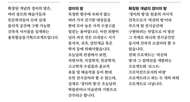 『확장된 개념의 경이의 방』 은, 여러 장르의 예술가들과 인문학자들이 모여 실제 물리적 공간에 구현 가능한 건축적 서사물을 설계하는 문지문화원 사이와 한국문화예술위원회의 
융복합공동기획프로젝트입니다. 프로젝트 소개_경이의 방:특정한 범주에 속하지 않는 여러 가지 진기한 대상들을 한데 모아 놓은 사적 수장고를 일컫는 용어입니다. 이런 취향이 널리 퍼진 것은 르네상스 시기 통치자, 귀족, 상인계급 혹은 학자 등에 의해서였습니다. 오늘날의 관점에서 보면, 자연사적, 지질학적, 인류학적, 고고학적 수집품과 종교적 유물 및 예술작품 등이 한데 모인 전시실이라 할 수 있는데, 실제로 ‘경이의 방’은 오늘날의 박물관이나 미술관의 기원으로 간주되곤 합니다. 확장된 개념의 경이의 방:‘경이의 방’을 일종의 서사적 건축으로서 ‘픽션의 방’이라 부르게 될 전시공간에 구현하려는 작업으로 이 방은 그 자체로 하나의 전시공간인 동시에 건축적 소설이라 할 수 있습니다. 전체 프로젝트는 ‘픽션의 방’과 그 컬렉션을 개발하는 프로젝트와 ‘포스트-프로덕션으로서의 비평’ 프로젝트라고 하는 두 개의 하위 프로젝트로 나뉩니다.