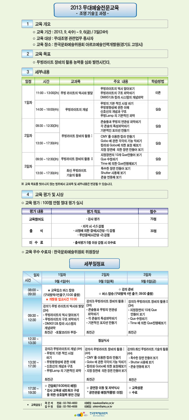 2013 무대예술전문교육-조명기술정Ⅱ 과정, 교육기간:2013.9.4(수)~9.6(금)/3일(24H), 교육대상 : 무대조명 관련업무 종사자, 교육 장소:아르코예술인력개발원(경기도 고양시), 세부내용
_1일차_11:00~13:00(2h) 무빙 라이트의 역사와 발달, 14:00~18:00(4h) 무빙라이트의 개념, 2일차_09:30~12:30(3h),13:30~17:30(4h) 무빙라이트 장비의 활용Ⅰ, 3일차_09:30~12:30(3h) 무빙라이트 장비의 활용Ⅱ, 13:30~17:30(4h), 최신 무빙라이트 기술의 활용, ※ 교육 목표를 벗어나지 않는 범위에서 교과목 및 세부내용은 변경될 수 있습니다. 교육 평가 및 시상_교육 평가 : 100점 만점 절대 평가 실시, 교육참여도(70점), 출석(30점), 교육 우수 수료자 : 한국문화예술위원회 위원장상, 담당 김수현 02-7604-658, shkim@arko.or.kr, 곽은석 02-7604-650 kawkes@arko.or.kr