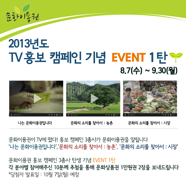 문화이용권 2013년도 TV 홍보 캠페인 기념 이벤트 1탄_8.7(수)~9.30(월), 문화이용권이 TV에 떴다! 홍보 캠페인 3총사가 문화이용권을 알립니다.‘나는 문화이용권입니다’,‘문화의 소리를 찾아서:농촌’, ‘문화의 소리를 찾아서:시장’ 문화이용권 홍보 캠페인 3총사 탄생 기념 EVENT 1탄, 각 분야별 참여해주신 10분께 추첨을 통해 문화상품권 1만원권 2장을 보내드립니다. *당첨자 발표일:10월 7일(월) 예정