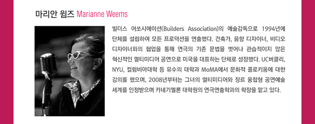 마리안 윔즈(Marianne Weems)_빌더스 어쏘시에이션(Builders Association)의 예술감독으로 1994년에 단체를 설립하여 모든 프로덕션을 연출했다. 건축가, 음향 디자이너, 비디오 디자이너와의 협업을 통해 연극의 기존 문법을 벗어나 관습적이지 않은 혁신적인 멀티미디어 공연으로 미국을 대표하는 단체로 성장했다. UC버클리, NYU, 컬럼비아대학 등 유수의 대학과 MoMA에서 문화적 콜로키움에 대한 강의를 했으며, 2008년부터는 그녀의 멀티미디어와 장르 융합형 공연예술 세계를 인정받으며 카네기멜론 대학원의 연극연출학과의 학장을 맡고 있다.
