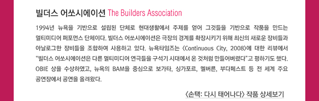 빌더스 어쏘시에이션 (The Builders Association)_1994년 뉴욕을 기반으로 설립된 단체로 현대생활에서 주제를 얻어 그것들을 기반으로 작품을 만드는 멀티미디어 퍼포먼스 단체이다. 빌더스 어쏘시에이션은 극장의 경계를 확장시키기 위해 최신의 새로운 장비들과 아날로그한 장비들을 조합하여 사용하고 있다. 뉴욕타임즈는 <Continuous City, 2008>에 대한 리뷰에서 “빌더스 어쏘시에이션은 다른 멀티미디어 연극들을 구석기 시대에서 온 것처럼 만들어버렸다”고 평하기도 했다. OBIE 상을 수상하였고, 뉴욕의 BAM을 중심으로 보가타, 싱가포르, 멜버른, 부다페스트 등 전 세계 주요 공연장에서 공연을 올려왔다.