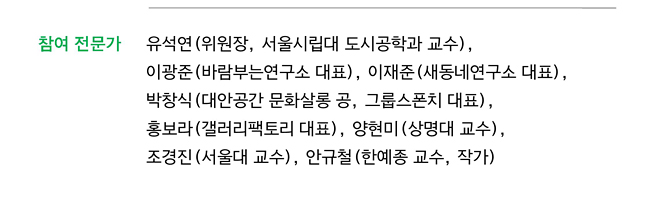 공공미술2.0 공동협의 공개워크숍 참여 전문가_유석연(위원장, 서울시립대 도시공학과 교수), 이광준(바람부는연구소 대표), 이재준(새동네연구소 대표), 박창식(대안공간 문화살롱 공, 그룹스폰치 대표), 홍보라(갤러리팩토리 대표), 양현미(상명대 교수), 조경진(서울대 교수), 안규철(한예종 교수, 작가)