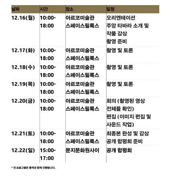 12.16(월) 10:00-18:00 아르코미술관 스페이스필룩스_오리엔테이션 주앙 타바라 소개 및 작품 감상 촬영 준비, 12.17(화) 10:00-18:00 아르코미술관 스페이스필룩스_촬영 및 토론 , 12.18(수) 10:00-18:00 아르코미술관 스페이스필룩스_촬영 및 토론, 12.19(목) 10:00-18:00 아르코미술관 스페이스필룩스_촬영 및 토론, 12.20(금) 10:00-18:00 아르코미술관 스페이스필룩스_회의 (촬영된 영상 전체를 확인), 편집 (이미지 편집 및 사운드 작업), 12.21(토) 10:00-18:00 아르코미술관 스페이스필룩스_최종본 완성 및 감상 공개 합평회 준비, 12.22(일) 15:00-17:00 문지문화원사이_공개 합평회