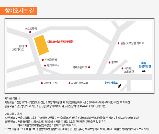 [찾아오시는 길]자가용 이용시_자유로길 : 장항 I.C에서 일산으로 진입-고양가구공단 제 1진입로(왕복2차선)-SK주유소에서 우회전-직진 후 좌회전, 통일로길 : 문산방면으로 직진-간산동(고양외고)지나서-관산삼거리(SK주유소) 좌회전 후 직진_대중교통 이용시 52번 버스 : 서울 지하철 3호선 구파바역 2번출구 앞 출발(45분 배차)-아르코예술인력개발원(정류장명 : 현대 그린아파트 하차) 55번 번스 : 서울 불광동 시외버스터미널 출발-서울 지할철 3호선 구파발역 2번 줄구 앞 경유-아르코예술인력개발원(정류장명 : 현대 그린아파트 하차) 037번 마을버스 : 지하철 3호선 삼송역 6번 출발(15분 배차)-관산동 경유-벽제초등학교 하차-아르코예술인력개발원까지 도보로 10분