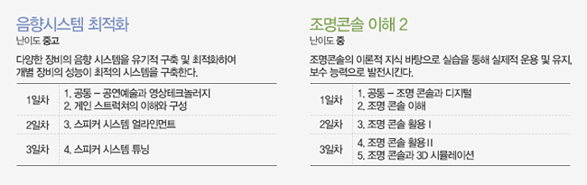 (좌)음향시스템 최적화, 난이도 중고, 다양한 장비의 음향 시스템을 유기적 구축 및 최적화하여 개별 장비의 성능이 최적의 시스템을 구축한다.1일차:1. 공통 - 공연예술과 영상테크놀러지 2. 게인 스트럭쳐의 이해와 구성, 2일차:3. 스피커 시스템 얼라인먼트, 3일차:4. 스피커 시스템 튜닝, 
(우)조명콘솔 이해 2,난이도 중, 조명콘솔의 이론적 지식 바탕으로 실습을 통해 실제적 운용 및 유지,보수 능력으로 발전시킨다.1일차:1. 공통 - 조명 콘솔과 디지털 2. 조명 콘솔 이해, 2일차:3. 조명 콘솔 활용Ⅰ, 3일차:4. 조명 콘솔 활용Ⅱ 5. 조명 콘솔과 3D 시뮬레이션