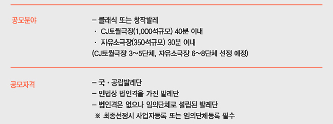 공모분야_클래식 또는 창작발레, CJ토월극장 (1,000석규모) 40분 내외, 자유소극장 (350석규모) 30분 내외(CJ토월극장 3~5단체, 자유소극장 6~8단체 선정 예정), 공모자격_국·공립발레단, 민법상 법인격을 가진 발레단, 법인격은 없으나 임의단체로 설립된 발레단, ※ 최종선정시 사업자등록 또는 임의단체등록 필수