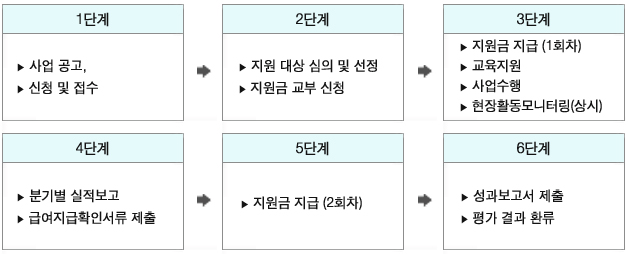 1단계:사업 공고, 신청 및 접수→2단계:지원 대상 심의 및 선정, 지원금 교부 신청→3단계:지원금 지급 (1회차), 교육지원, 사업수행, 현장활동모니터링(상시), 4단계:분기별 실적보고, 급여지급확인서류 제출, 5단계:지원금 지급 (2회차), 6단계:성과보고서 제출, 평가 결과 환류