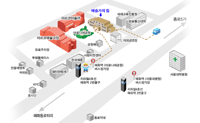 찾아오시는 길 : 대학로 예술가의 집 3층 다목적홀 [서울특별시 종로구 동숭길 3 (동숭동 1-130)]
