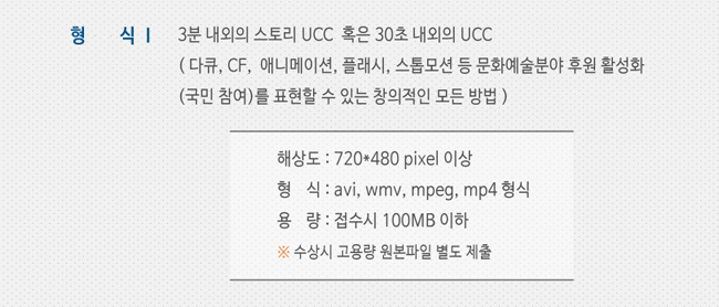 형식_3분 내외의 스토리 UCC 혹은 30초 내외의 CF UCC(다큐, CF, 애니메이션, 플래시, 스톱모션 등 문화예술분야 후원 활성화(국민 참여)를 표현할 수 있는 창의적인 모든 방법), 해상도 : 720*480 pixel 이상, 형식 : avi, wmv, mpeg, mp4 형식, 용량 : 접수시 100MB 이하, ※ 수상시 고용량 원본파일 별도 제출