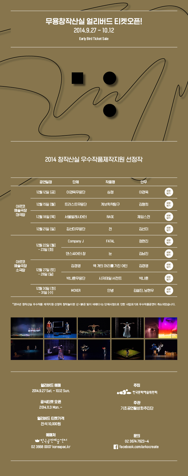 무용 창작산실 얼리버드 티켓오픈! 9.27 - 10.12, 2014 창작산실 우수작품제작지원 선정작, 아르코예술극장 대극장_12월 12일(금)_이경옥무용단_심청_이경옥, 12월 15일(월)_트러스트무용단_계보학적탐구_김형희, 12월 18일(목)_서울발레시어터_RAGE_제임스전, 12월 21일(일)_김선미무용단_천_김선미, 아르코예술극장 소극장, 12월 18일(목)-19일(금)_창작놀이판 산_붉은 빛이 바래다_류은율, 12월 22일(월)-23일(화)_Company J_FATAL_정현진, 12월 22일(월) - 23일(화)_댄스씨어터 창_눈_김남진, 12월 27일(토)-28일(일)_김경영_백 개의 머리를 가진 여인_김경영,12월 27일(토) - 28일(일)_박나훈무용단_시저테일 서전트_박나훈, 12월 30일(화)-31일(수)_MOVER_안녕_김설진, 남현우, 얼리버드 예매_9.27(Sat) ~ 10.12(Sun) 2주간, 공식티켓 오픈_11.3(Mon) ~ , 티켓가격_전석 1만원, 예매처_한국공연예술센터 http://www.koreapac.kr 02-3668-0007, 문의_02-3674-7623~4, 주최_한국문화예술위원회, 주관_기초공연활성화추진단(창작산실 페이스북 www.facebook.com/arkocreate)