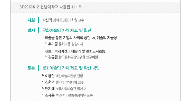 Session 2_전남대학교 박물관 111호. 사회_박신의(경희대 경영대학원 교수). 발제_문화예술의 가치 제고 및 확산. 예술을 통한 기업의 사회적 공헌 vs. 예술의 자율성, 추미경(문화다움 상임이사). 젠트리피케이션과 예술가 및 문화도시흐름김규원(한국문화관광연구원 연구위원). 토론_문화예술의 가치 제고 및 확산 방안. 이용관(대전예술의전당 관장). 신형덕 (홍익대 경영대학 교수). 변지혜(서울시립미술관 학예사). 김세훈(숙명여대 문화관광학부 교수)