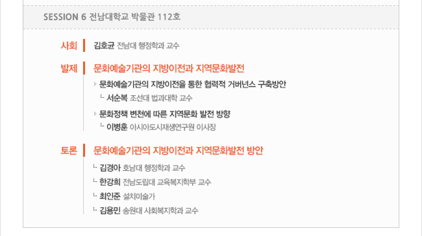 Session 6_전남대학교 박물관 112호, 사회_김호균(전남대 행정학과 교수). 발제_문화예술기관의 지방이전과 지역문화발전. 문화예술기관의 지방이전을 통한 협력적 거버넌스 구축방안, 서순복(조선대 법과대학 교수). 문화정책 변천에 따른 지역문화 발전 방향, 이병훈(아시아도시재생연구원 이사장). 토론_문화예술기관의 지방이전과 지역문화발전 방안. 김경아(호남대 행정학과 교수). 한강희(전남도립대 교육복지학부 교수). 최인준(설치미술가). 김용민(송원대 사회복지학과 교수)