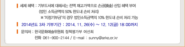 세제 혜택 : 기부도서에 대해서는 전액 재고가액으로 손금 산입 혜택 부여 (법인 소득금액의 50% 한도내 손비처리), ※ 지정기부금의 경우 법인소득금액의 10% 한도내 손비처리 가능, 2014년도 3차 기부기간 : 2014.11.26(수)~12.12(금) 18:00까지, ※ 올해 총 3차례에 걸쳐 기부 도서접수 예정 문의처 : 한국문화예술위원회 정책평가부 여선희 (061-900-2144, sunny@arko.or.kr)