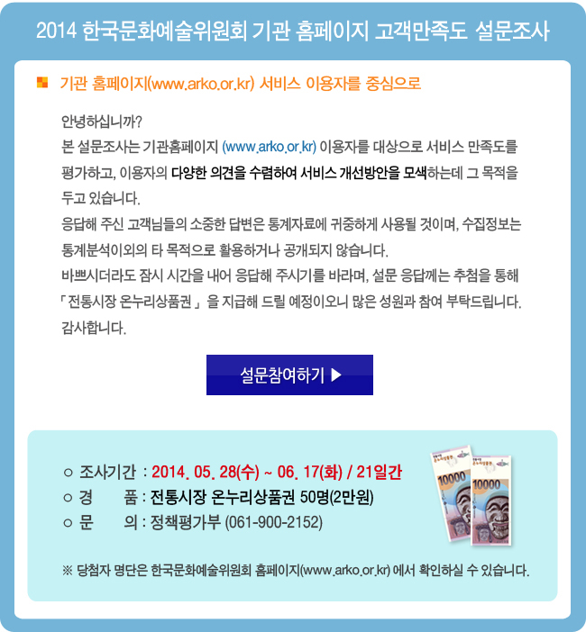 2014 한국문화예술위원회 기관 홈페이지 고객만족도 설문조사_안녕하십니까? 본 설문조사는 기관홈페이지(www.arko.or.kr) 이용자를 대상으로 서비스 만족도를 평가하고, 이용자의 다양한 의견을 수렴하여 서비스 개선방안을 모색하는데 그 목적을 두고 있습니다. 응답해 주신 귀하의 소중한 답변은 통계자료에 귀중하게 사용될 것이며, 수집정보는 통계분석 이외의 타 목적으로 활용하거나 공개되지 않습니다. 바쁘시더라도 잠시 시간을 내어 응답해 주시기를 바라며, 설문 응답에 참여하신 분께는 추첨을 통해 전통시장 온누리상품권을 지급해 드릴 예정이오니 많은 성원과 참여 부탁드립니다. 감사합니다. 조사기간 : 2014. 5. 28(수) ~ 6. 17(화) / 21일간, 경품 : 전통시장 온누리상품권 50명(2만원), 문의 : 정책평가부(061-900-2152)
※ 당첨자 명단은 한국문화예술위원회 홈페이지(www.arko.or.kr) 에서 확인하실 수 있습니다.