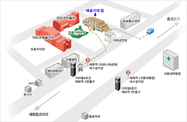 예술가의집 찾아오시는 길 : 지하철 4호선 혜화역 2번출구 (한국문화예술위원회,마로니에공원쪽)로 나옴