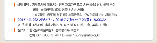 세제 혜택 : 기부도서에 대해서는 전액 재고가액으로 손금 산입 혜택 부여 (법인 소득금액의 50% 한도내 손비처리), ※ 지정기부금의 경우 법인소득금액의 10% 한도내 손비처리 가능, 2015년도 1차 기부기간 : 2015.7.7(화)~7.23(목) 18:00까지, ※ 올해 총 4차례에 걸쳐 기부 도서접수 예정 (3차:9월, 4차 11월), 문의처 : 한국문화예술위원회 정책평가부 여선희 (061-900-2144,  sunny@arko.or.kr)