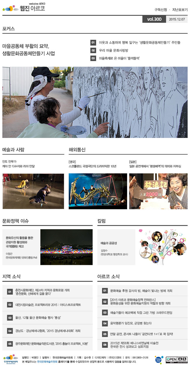 아르코웹진 구독신청.지난호보기 vol.300 2015.12.07.포커스 마을공동체 부활의 묘약, 생활문화공동체만들기 사업01 이웃과 소통하며 행복 일구는 생활문화공동체만들기 주민들02 우리 마을 문화사랑방03 마을축제로 온 마을이 들썩들썩.예술과 사람.인도 안무가 케야 안 디수자/리야 만달.해외통신01 [영국] 스코틀랜드 국립극단의 드라마틱한 10년02 [일본] 일본 공연계에서 평생배역의 의미와 자부심.문화정책 이슈 문화유산의 활용을 통한 관광자원 활성화와 국격(國格) 제고.이창근 (한국문화재재단 프로듀서) 칼럼.예술과 공공성.김정수 (한양대학교 행정학과 교수)지역 소식.01 춘천시문화재단, 제24차 지역과 문화포럼 개최 춘천문화, 선배에게 길을 묻다.02 대전시립미술관, 프로젝트리뷰 2015 : 아티스트프로젝트.03 울산, 12월 울산 문화예술 행사 풍성.04 경남도·경남메세나협회, 2015 경남메세나대회 개최.05 광주문화재단 문화예술작은도서관, 2015 흥놀이 프로젝트_10분.아르코 소식.01 문화예술 후원 감사의 밤, 예술이 빛나는 밤에 개최.02 [2015 아르코 문화예술정책 컨퍼런스] 문화융성을 위한 문화예술지원의 역할과 방향 개최.03 예술가들이 에코백에 직접 그린 가방 크라우드펀딩.04 음악평론가 임진모, 군장병 찾는다.05 연말 공연, 콘서트 나들이 공연티켓 1+1로 꽉 잡자!06 2015년 제56회 베니스비엔날레 미술전 한국관 전시 성과보고 심포지엄.발행인박명진,발행처한국문화예술위원회,기획김수현,디자인제작(주)인디엔피,문의061)900-2126.본 메일주소는 한국문화예술위원회 홈페이지를 통해 수집되었으며 상업적용도로 사용하지 않음을 알려드립니다