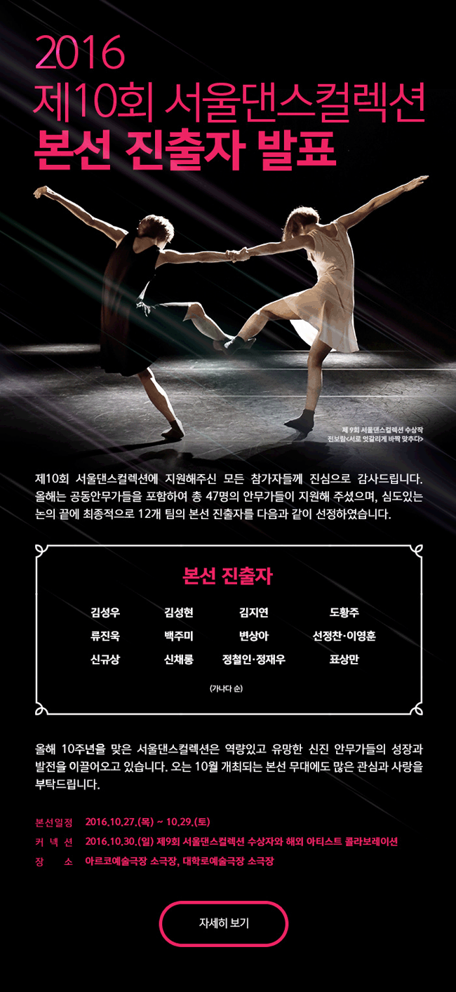 2016 제10회 서울댄스컬렉션 본선 진출자 발표, 제10회 서울댄스컬렉션에 지원해주신 모든 참가자들께 진심으로 감사드립니다. 올해는 공동안무가들을 포함하여 총 47명의 안무가들이 지원해 주셨으며, 심도있는 논의 끝에 최종적으로 12개 팀의 본선 진출자를 다음과 같이 선정하였습니다. 본선 진출자_김성우, 김성현, 김지연, 도황주, 류진욱, 백주미, 변상아, 선정찬·이영훈, 신규상, 신채롱, 정철인·정재우, 표상만(가나다 순), 올해 10주년을 맞은 서울댄스컬렉션은 역량있고 유망한 신진 안무가들의 성장과 발전을 이끌어오고 있습니다. 오는 10월 개최되는 본선 무대에도 많은 관심과 사랑을 부탁드립니다. 본선일정_2016.10.27.(목) ~ 10.29.(토), 커넥션_2016.10.30.(일) 제9회 서울댄스컬렉션 수상자와 해외 아티스트 콜라보레이션, 장소_아르코예술극장 소극장, 대학로예술극장 소극장, 자세히보기