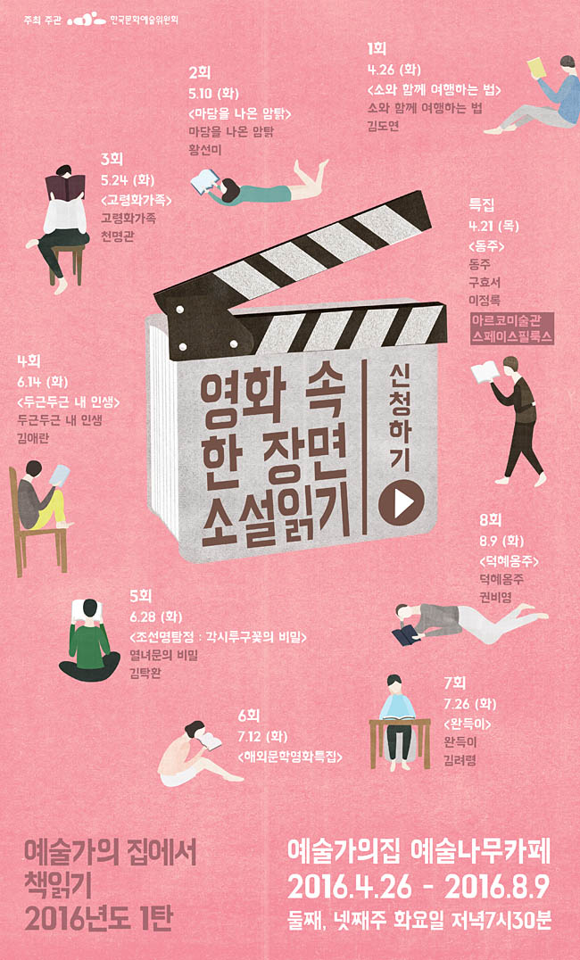 예술가의집에서 책읽기 2016년도 1탄 영화 속 한 장면 소설읽기, 예술가의집 예술나무카페, 2016.4.26.~2016.8.9. 둘째, 넷째주 화요일 저녁 7시30분, 특집 4.21(목) <동주> 동주 구효서 이정록 아르코미술관 스페이스필룩스, 1회 4.26(화) <소와 함께 여행하는 법> 소와 함께 여행하는 법 김도연, 2회 5.10(화) <마당을 나온 암탉> 마당을 나온 암탉 황선미, 3회 5.24(화) <고령화가족> 고령화가족 천명관, 4회 6.14(화) <두근두근 내 인생> 두근두근 내 인생 김애란, 5회 6.28(화) <조선명탐정 : 각시투구꽃의 비밀> 열녀문의 비밀 김탁환, 6회 7.12(화) lt;해외문학영화특집>, 7회 7.26(화) <완득이> 완득이 김려령, 8회 8.9(화)