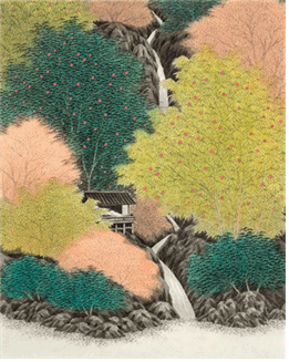 김민주, [사유산수], 장지에 먹과 채색, 53x45 cm, 2016 