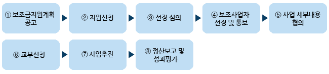 사업추진절차_1.보조금지원계획 공고,2_지원신청,3_선정 심의,4_보조사업자 선정 및 통보,5_사업 세부내용 협의,6_교부신청, 7_사업추진,8_ 정산보고 및 성과평가