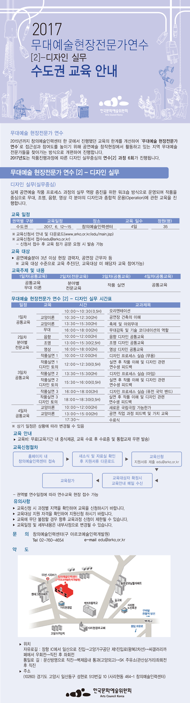  2017 무대예술현장전문가연수〔2]—디자인 실무 수도권 교육 안내 무대예술 현장전문가 연수 2015년까지 창의예술인력센터 한 곳에서 진행됐던 교육의 한계를 개선하여 ‘무대예술 현장전문가 연수’로 접근성과 참여도를 높이기 위해 공연예술 창작현장에서 활동하고 있는 지역 무대예술 전문가들을 찾아가는 방식으로 개편하여 진행합니다. 2017년도는 작품진행과정에 따른 디자인 실무중심의 연수[2] 과정 6회가 진행됩니다 