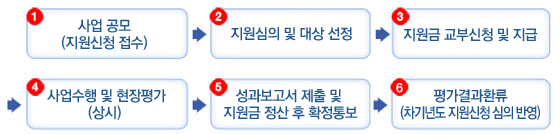 사업 공모(지원신청 접수)→지원심의 및 대상 선정→→지원금 교부신청 및 지급→사업수행 및 현장평가(상시) →성과보고서 제출 및 지원금 정산 후 확정통보→평가결과환류(차기년도 지원신청 심의 반영)