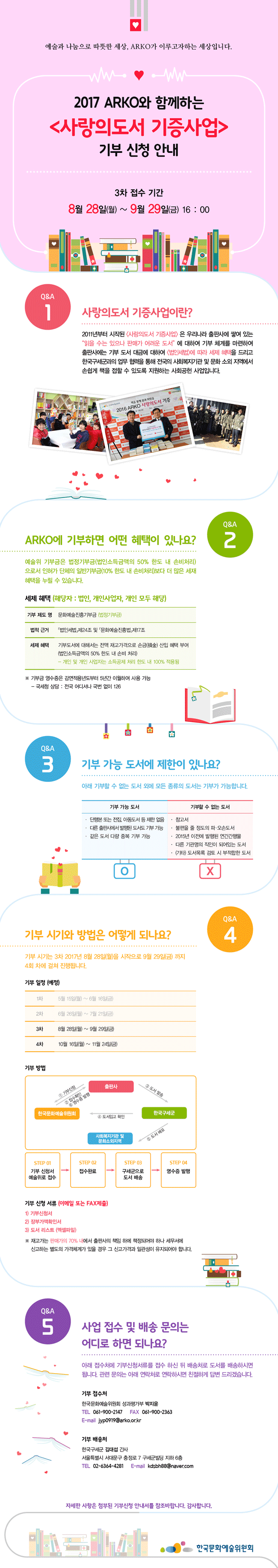 예술과 나눔으로 따뜻한 세상, ARKO가 이루고자하는 세상입니다. 2017 ARKO와 함께하는 [사랑의도서 기증사업] 기부 신청 안내 [3차 접수 기간] 8월 29일 (월) ~ 9월 29일 (금) 16 : 00