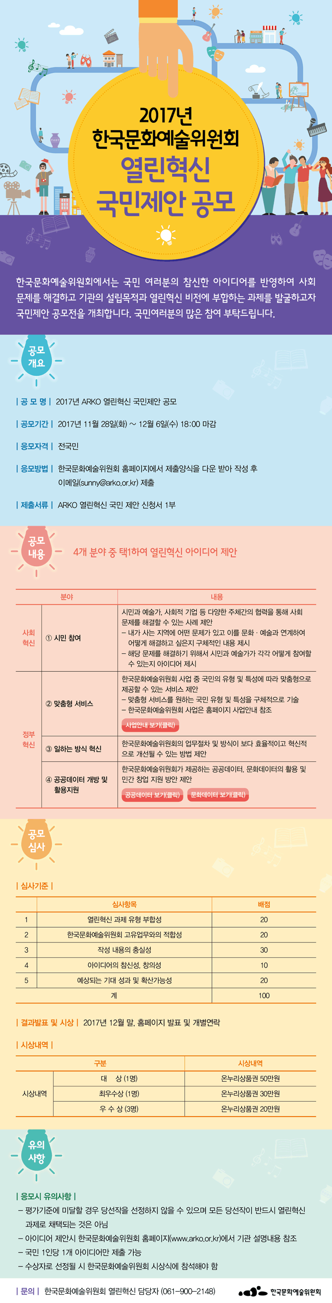 2017년 한국문화예술위원회 열린혁신 국민제안 공모_한국문화예술위원회에서는 국민 여러분의 참신한 아이디어를 반영하여 사회 문제를 해결하고, 기관의 설립목적과 열린혁신 비전에 부합하는 과제를 발굴하고자 국민제안 공모전을 개최합니다.  국민여러분의 많은 참여 부탁드립니다.  