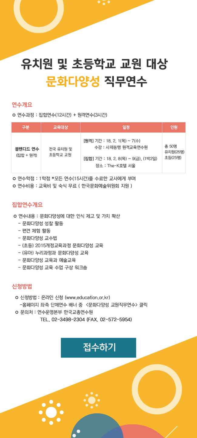 「유치원 및 초등학교 교원 대상 문화다양성 직무연수」안내 [연수개요]연 수 명 : 「유치원 및 초등학교 교원 대상 문화다양성 직무연수」 연수과정 : 집합연수(12시간) + 원격연수(3시간) 연수대상 및 일정_구분 블렌디드연수 (집합+원격) 교육대상_전국 유치원 및 초등학교교사 일정_[원격] ‘18. 2. 1(목) ~ 7(수) [집합] ‘18. 2. 8(목) ~ 9(금), (1박2일) 인원_총 50명 유치원(25명), 초등(25명) 연수학점 : 1학점 *모든 연수(15시간)를 수료한 교사에게 부여 연수비용 : 교육비 및 숙식 무료 (한국문화예술위원회 지원) [집합연수 개요] 일시장소 : 2018. 2. 8(목) ~ 9(금) The-K호텔 서울 연수내용 : 문화다양성에 대한 인식 제고 및 가치 확산- 문화다양성 성찰 활동 - 편견 체험 활동 - 문화다양성 교수법 - (초등) 2015개정교육과정 문화다양성 교육 - (유아) 누리과정과 문화다양성 교육 - 문화다양성 교육과 예술교육 - 문화다양성 교육 수업 구상 워크숍 [신청방법] 신청기한 : 2018. 1. 17.(수) ~ 2018. 1. 31.(목) 신청방법 : 온라인 신청(www.education.or.kr) 홈페이지 좌측 단체연수 배너 중 [문화다양성 교원직무연수] 클릭  ◇ 연수학점 부여를 위해 회원가입은 필수입니다. 선정방법 : 선착순(지역별 안배 예정, 동일학교 3인 이상 참여불가) 문의처 : 연수운영본부 한국교총연수원 ☏02-3498-2304 (F. 02-572-5954)