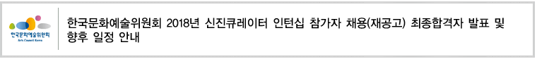 한국문화예술위원회 2018년도 신진큐레이터 인턴십 참가자 채용(재공고)최종합격자 발표 및 향후 일정 안내