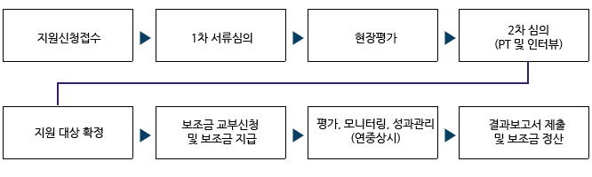 1. 지원신청접수 2. 1차 서류심의 3.현장평가 4.2차 심의 (PT 및 인터뷰) 5.지원 대상 확정 6.보조금 교부신청 및 보조금 지급 7.평가, 모니터링, 성과관리 (연중상시) 8.결과보고서 제출 및 보조금 정산