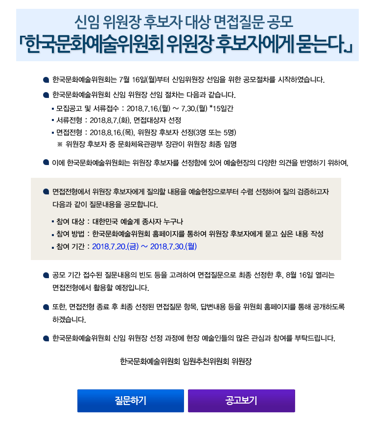 신임 위원장 후보자 대상 면접질문 공모「한국문화예술위원회 위원장 후보자에게 묻는다.」한국문화예술위원회는 7월 16일(월)부터 신임위원장 선임을 위한 공모절차를 시작하였습니다. 한국문화예술위원회 신임 위원장 선임 절차는 다음과 같습니다.모집공고 및 서류접수 : 2018.7.16.(월)~7.30.(월) *15일간, 서류전형 : 2018.8.7.(화), 면접대상자 선정, 면접전형 : 2018.8.16.(목), 위원장 후보자 선정(3명 또는 5명), ※ 위원장 후보자 중 문화체육관광부 장관이 위원장 최종 임명, 이에 한국문화예술위원회는 위원장 후보자를 선정함에 있어 예술현장의 다양한 의견을 반영하기 위하여, 면접전형에서 위원장 후보자에게 질의할 내용을 예술현장으로부터 수렴 선정하여 질의 검증하고자 다음과 같이 질문내용을 공모합니다. 참여 대상 : 대한민국 예술계 종사자 누구나, 참여 방법 : 한국문화예술위원회 홈페이지를 통하여 위원장 후보자에게 묻고 싶은 내용 작성, 참여 기간 : 2018.7.20.(금) ~ 2018.7.30.(월), 공모 기간 접수된 질문내용의 빈도 등을 고려하여 면접질문으로 최종 선정한 후, 8월 16일 열리는 면접전형에서 활용할 예정입니다. 또한, 면접전형 종료 후 최종 선정된 면접질문 항목, 답변내용 등을 위원회 홈페이지를 통해 공개하도록 하겠습니다. 한국문화예술위원회 신임 위원장 선정 과정에 현장 예술인들의 많은 관심과 참여를 부탁드립니다. 한국문화예술위원회 임원추천위원회 위원장, 질문하기, 공고보기 